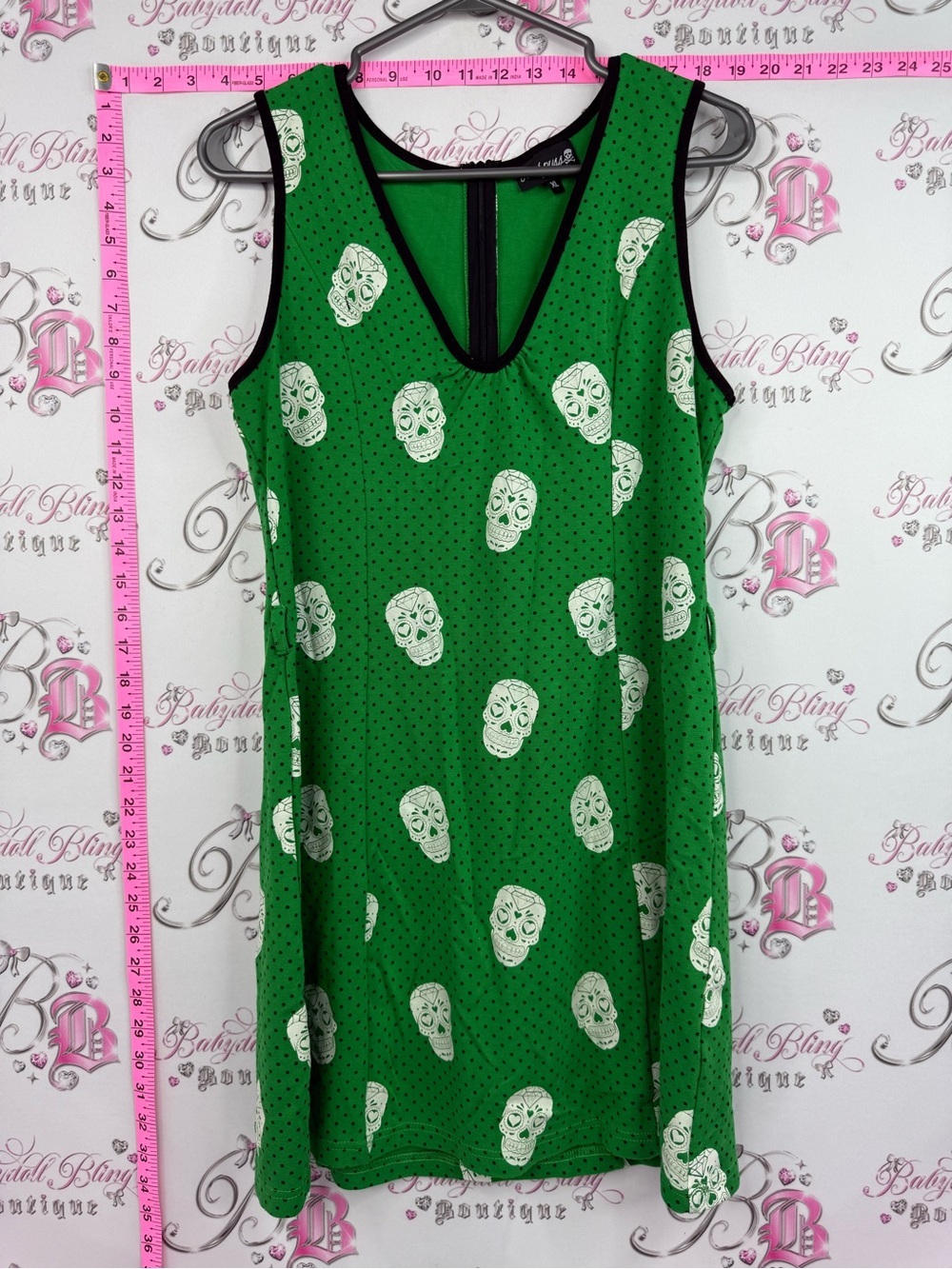 Sourpuss dress skulls diamonds Green Tank Dress with black White Skull Print